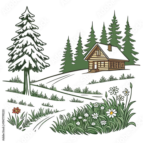 A small wooden house in a snowy landscape with trees and flowers Vector