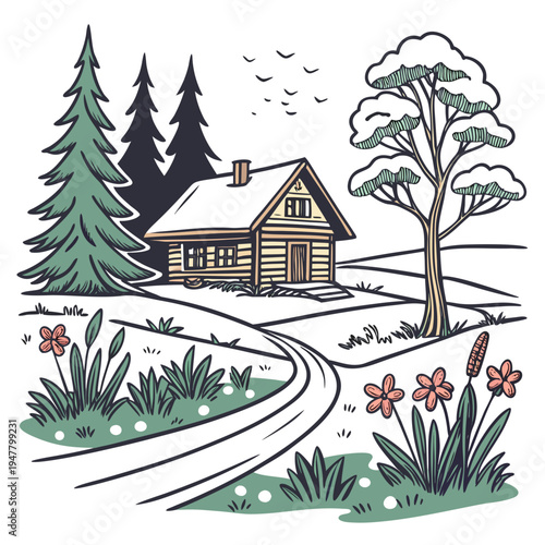 A house with a snow covered roof and a tree in the yard Vector