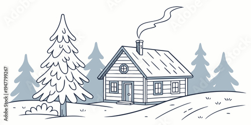 A small house with smoke coming out of the chimney in a snowy landscape Vector