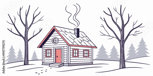 A small house in the snow with trees Vector