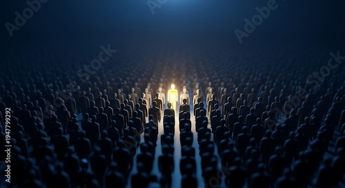 Single illuminated figure standing out in a crowd symbolizing leadership and individuality in business and personal growth