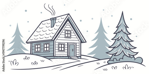 A small house with a snow covered roof and trees Vector