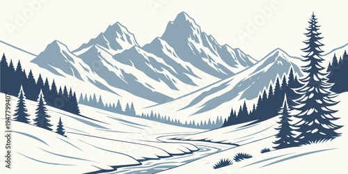 A snowy mountain range with trees in the foreground Vector