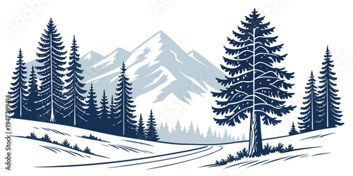 A snowy mountain landscape with pine trees Vector