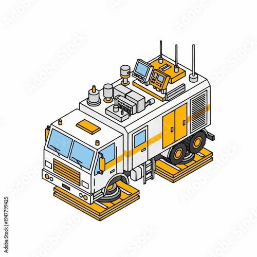 Isometric illustration of a white and yellow airport runway sweeper truck with antennas and monitors.