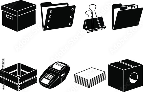 Black and white of office supplies and storage folder
