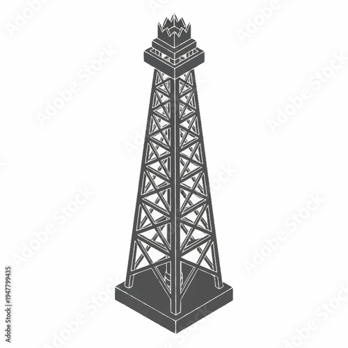 Isometric illustration of a tall, dark grey oil derrick structure with a square base and a crown-like top, set against a white background.