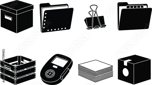 Black and white of office and storage including boxes folders binder clip meter and crate storage box
