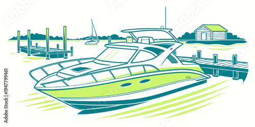 A large yacht is docked in the water Vector