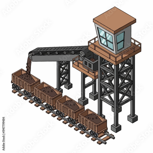 Isometric illustration of a coal mine with a conveyor belt loading coal into train cars.