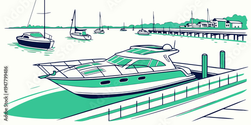 A large yacht is docked at a pier in the water Vector