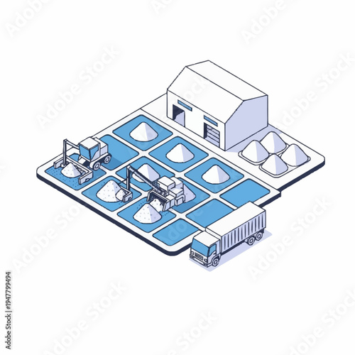 Isometric illustration of a mining operation with trucks, machinery, and storage building.