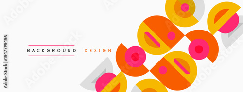 Abstract geometric shapes overlap, creating vibrant design. Orange, yellow, pink hues dominate neutral backdrop. Modern aesthetic.