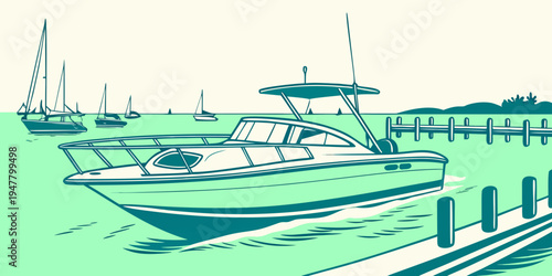 A boat is sitting on the dock by the water Vector