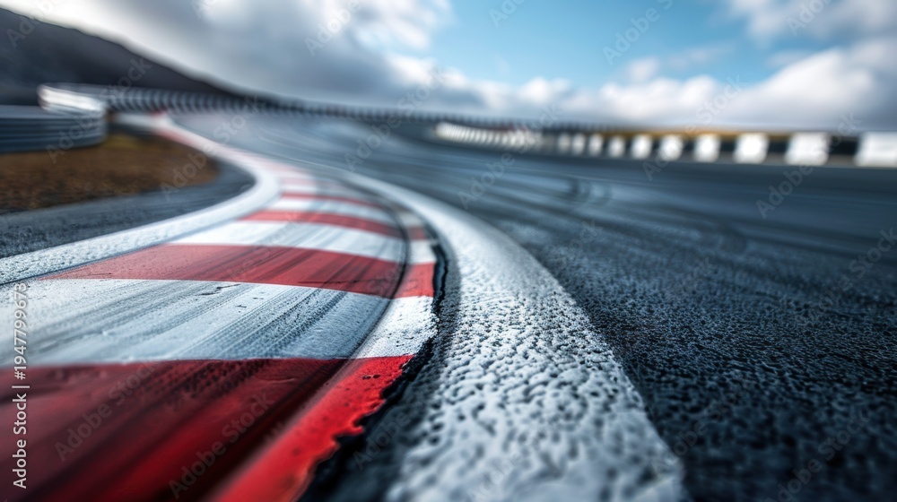 Obraz premium wet racetrack with red and white striped curb on cloudy day
