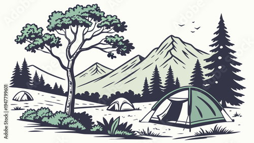 A green tent pitched in a scenic mountain valley with trees Vector
