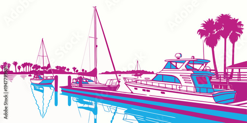 Boats are docked at a marina near palm trees Vector