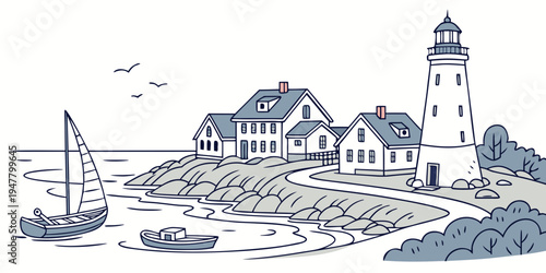 A lighthouse next to buildings and a sailboat on the water Vector