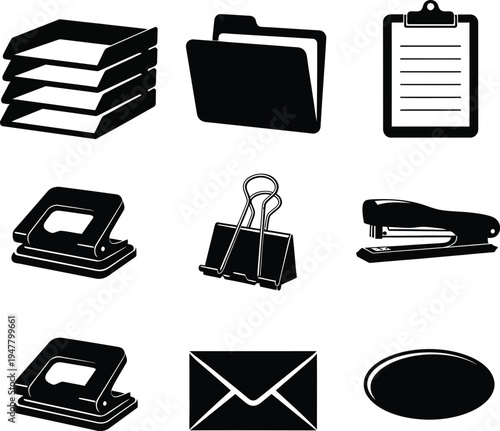 Black office supplies including paper tray folder clipboard stapler hole punch binder clip and envelope