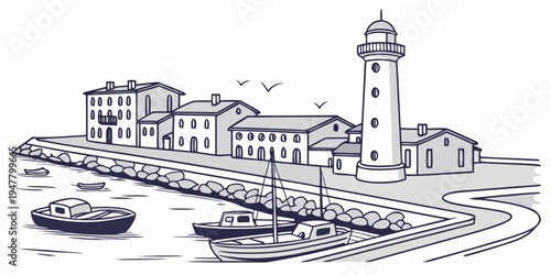 A small town with a lighthouse by the sea Vector