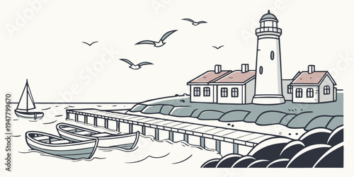 A lighthouse on a rocky coastline with a bridge and boats Vector
