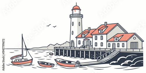 A lighthouse with boats docked at the pier by the sea Vector