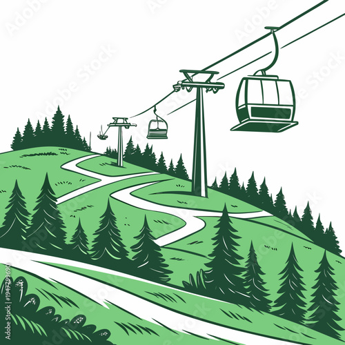 A green ski lift on a hill with trees Vector