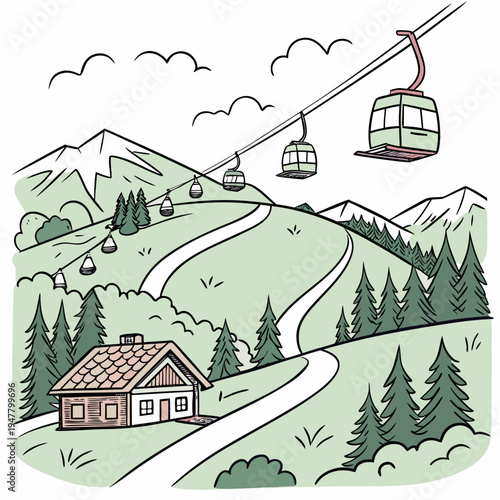 A house and cable cars in a mountainous landscape Vector