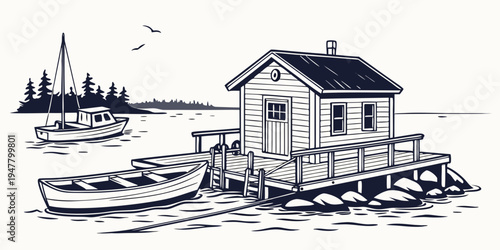 A small house on a dock with a boat in the water Vector