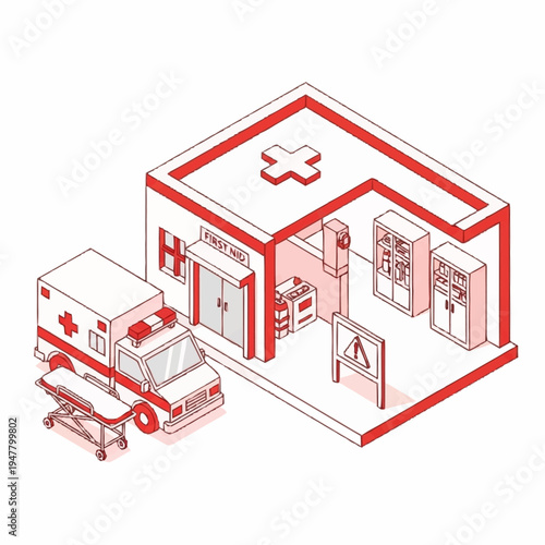 Isometric illustration of a hospital with an ambulance and a stretcher.