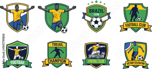 Brazil Football Club Badge and Soccer Team Shield Set with Player Silhouette, Champion Emblems and Sports Tournament Vector Illustration