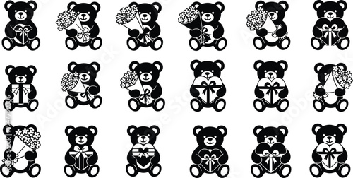 Teddy Bear with Flowers, Heart, and Gift Bow Icon Set for Valentine's Day, Love, and Special Occasions