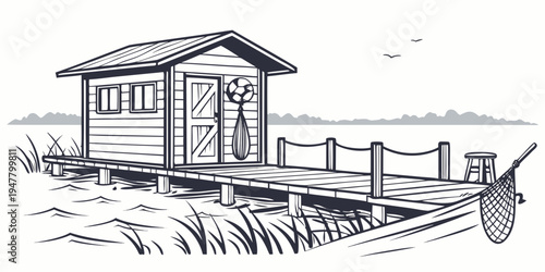 A small wooden shed with a wheelbarrow in front of it Vector