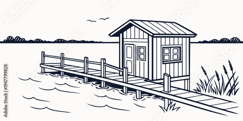 A small wooden house on a dock over the water Vector