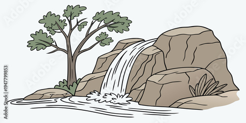 A waterfall cascading down a rocky cliffside next to a tree Vector