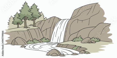 A waterfall cascading down a rocky cliffside surrounded by trees Vector