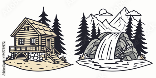 A cabin and a waterfall in a mountainous landscape Vector