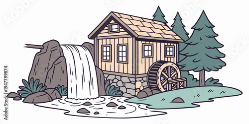 A small house with a water wheel and a waterfall Vector