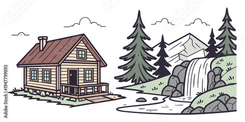 A house next to a waterfall and a stream Vector
