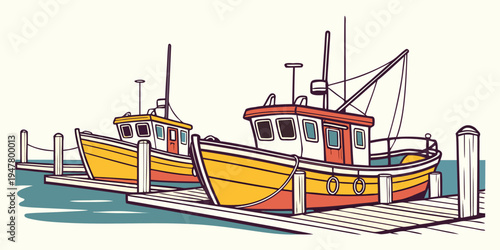Two fishing boats are docked at a pier Vector