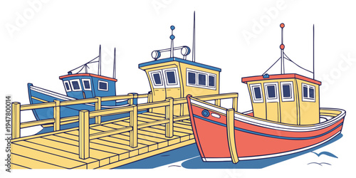 Three boats are docked at a pier Vector