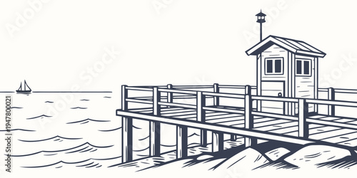 A small wooden pier with a tiny house on the end Vector
