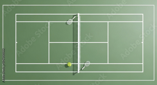 Overhead View of Tennis Court with Rackets and Ball.