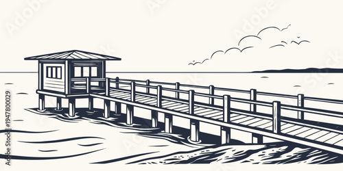 A small wooden pier with a hut on the water Vector