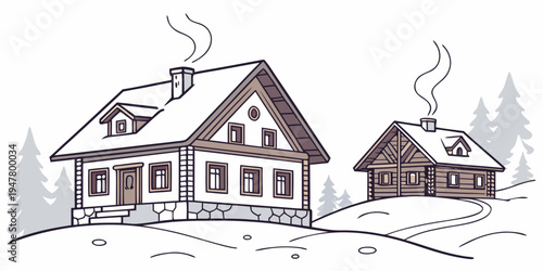 A house and a barn in a snowy landscape Vector