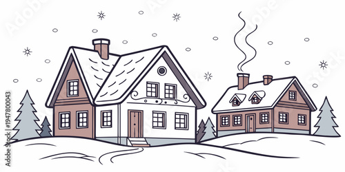 A snowy scene with two houses and smoke rising Vector