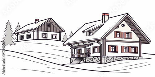 A house and a barn in a snowy landscape Vector