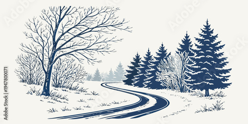A snowy road with trees on a winter day Vector
