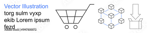 Ecommerce, digital transactions, supply chain, online shopping, logistics, blockchain technology. Minimalistic illustration of a cart, blockchain structure and download symbol. Ecommerce and digital