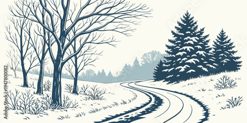 A snowy road with trees on a winter day Vector